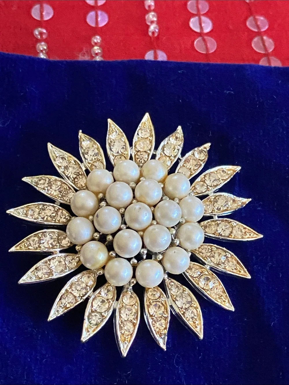 Vintage Lisner Stamped Stunning Pearl Crystal Sunburst Brooch